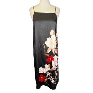 Vintage Y2K Stars Above Black Floral Satin Slip Lace Back Spaghetti M Coquette